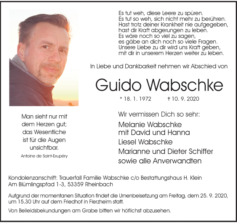  Traueranzeige für Guido Wabschke vom 19.09.2020 aus General-Anzeiger Bonn