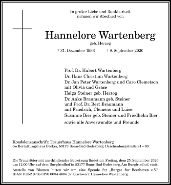 Anzeige von Hannelore Wartenberg von General-Anzeiger Bonn