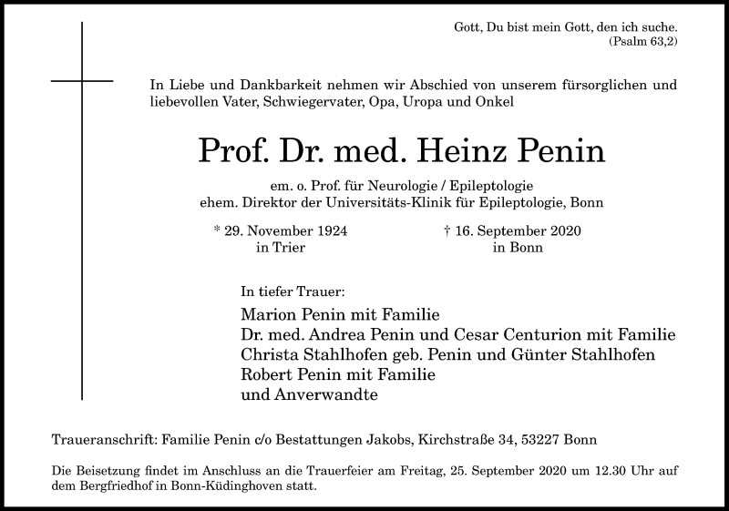  Traueranzeige für Heinz Penin vom 19.09.2020 aus General-Anzeiger Bonn