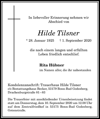 Anzeige von Hilde Tilsner von General-Anzeiger Bonn