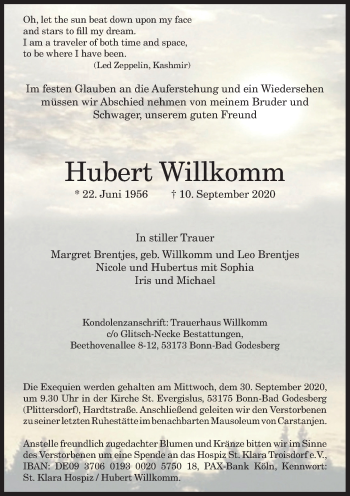 Anzeige von Hubert Willkomm von General-Anzeiger Bonn