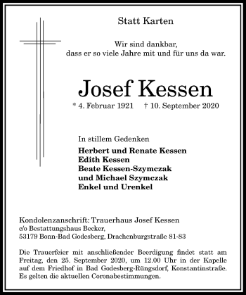 Anzeige von Josef Kessen von General-Anzeiger Bonn