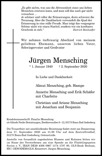 Anzeige von Jürgen Mensching von General-Anzeiger Bonn