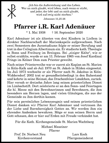 Anzeige von Karl Adenäuer von General-Anzeiger Bonn