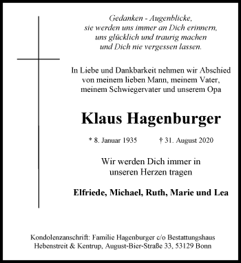 Anzeige von Klaus Hagenburger von General-Anzeiger Bonn