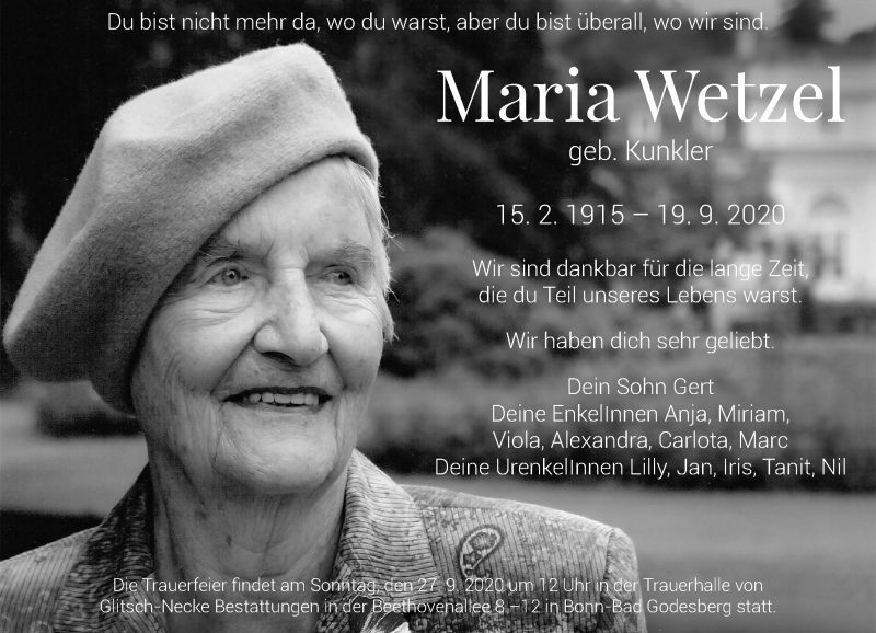  Traueranzeige für Maria Wetzel vom 26.09.2020 aus General-Anzeiger Bonn