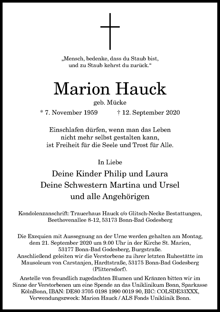  Traueranzeige für Marion Hauck vom 16.09.2020 aus General-Anzeiger Bonn