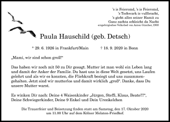 Anzeige von Paula Hauschild von General-Anzeiger Bonn