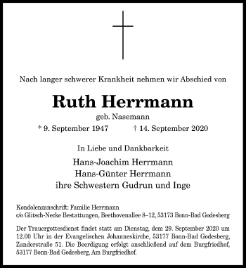 Anzeige von Ruth Herrmann von General-Anzeiger Bonn