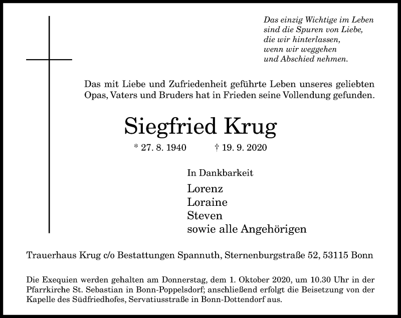  Traueranzeige für Siegfried Krug vom 26.09.2020 aus General-Anzeiger Bonn