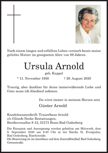 Anzeige von Ursula Arnold von General-Anzeiger Bonn
