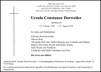Anzeige von Ursula Constanze Dorweiler von General-Anzeiger Bonn