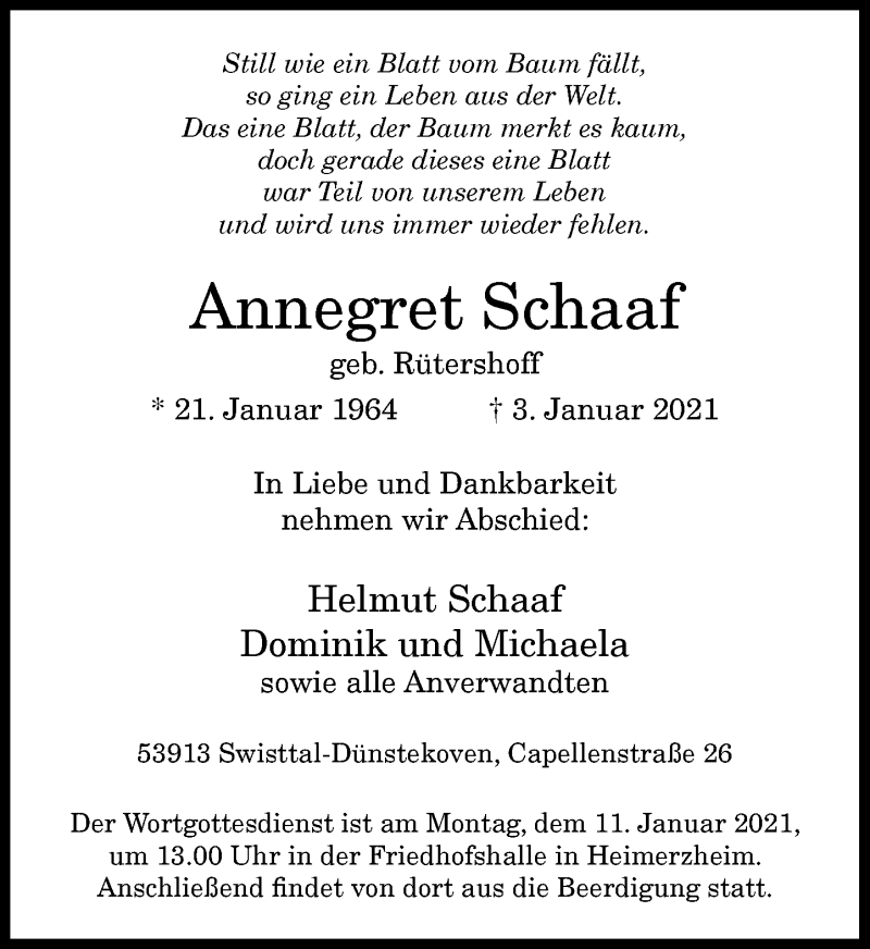  Traueranzeige für Annegret Schaaf vom 06.01.2021 aus General-Anzeiger Bonn