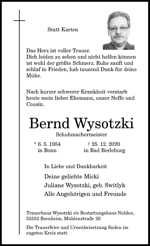  Traueranzeige für Bernd Wysotzki vom 06.01.2021 aus General-Anzeiger Bonn