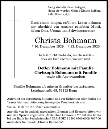 Anzeige von Christa Bohmann von General-Anzeiger Bonn