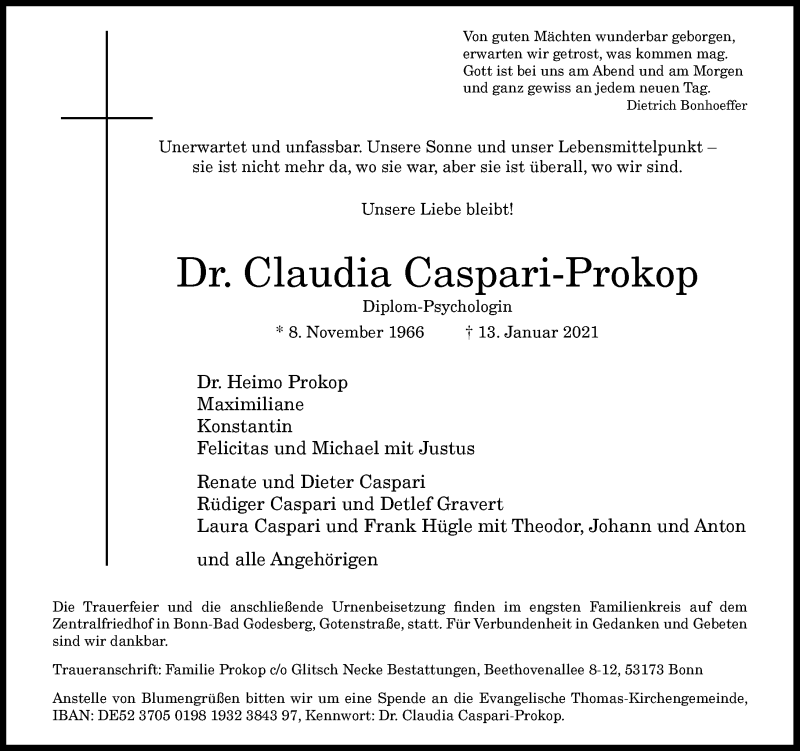  Traueranzeige für Claudia Caspari-Prokop vom 16.01.2021 aus General-Anzeiger Bonn