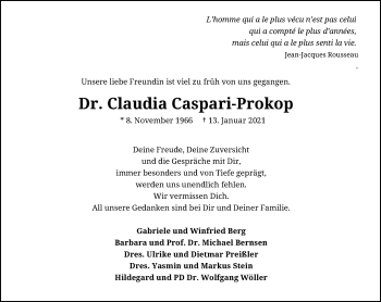 Anzeige von Claudia Caspari-Prokop von General-Anzeiger Bonn