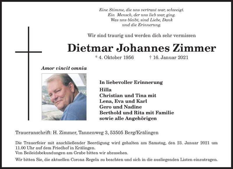  Traueranzeige für Dietmar Johannes Zimmer vom 20.01.2021 aus General-Anzeiger Bonn
