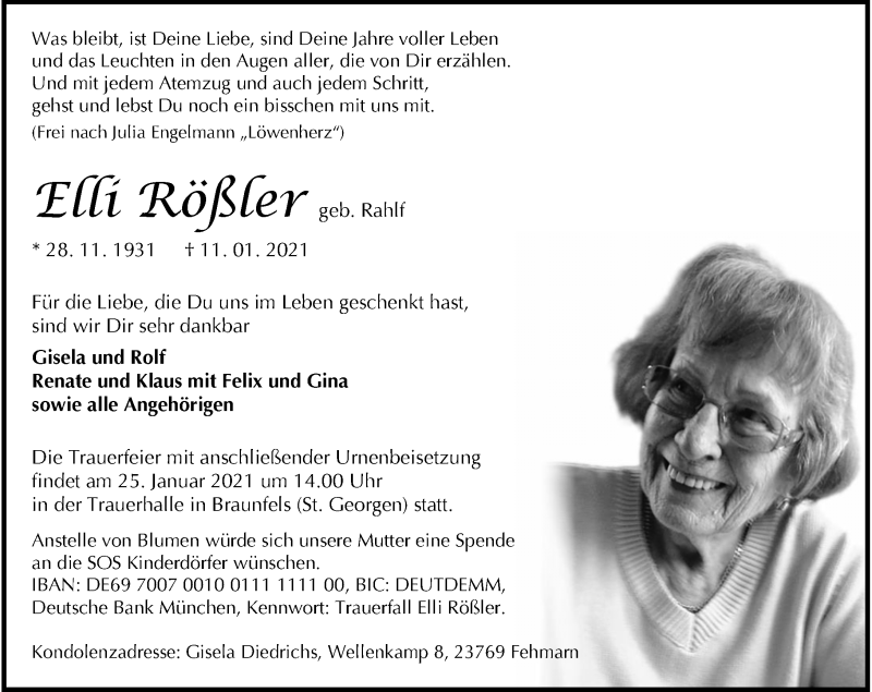  Traueranzeige für Elli Rößler vom 21.01.2021 aus General-Anzeiger Bonn