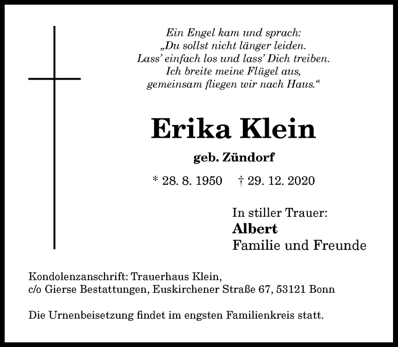  Traueranzeige für Erika Klein vom 09.01.2021 aus General-Anzeiger Bonn