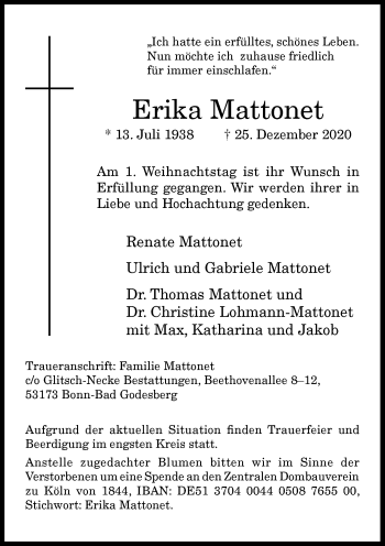 Anzeige von Erika Mattonet von General-Anzeiger Bonn