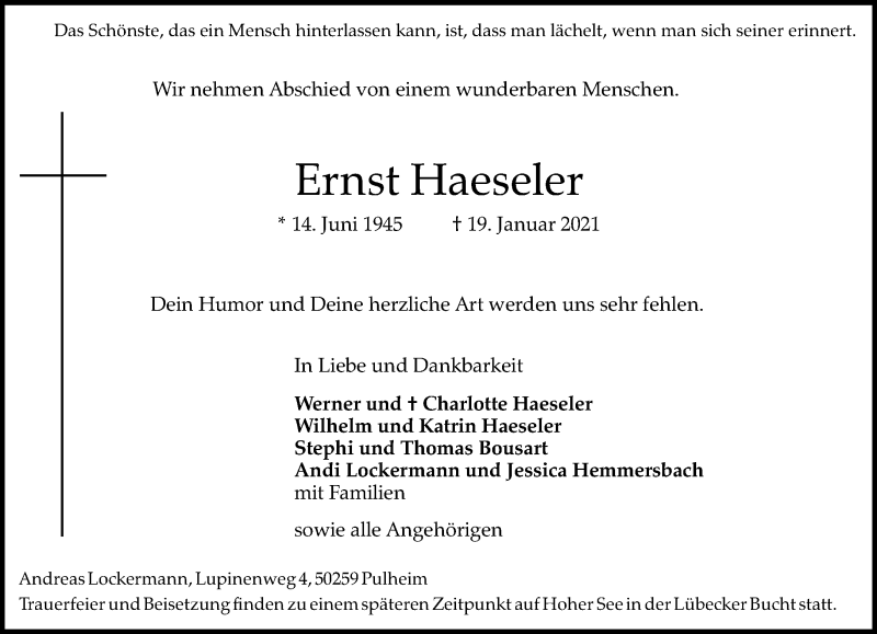  Traueranzeige für Ernst Haeseler vom 30.01.2021 aus General-Anzeiger Bonn
