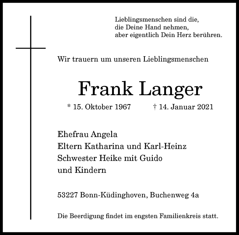  Traueranzeige für Frank Langer vom 20.01.2021 aus General-Anzeiger Bonn