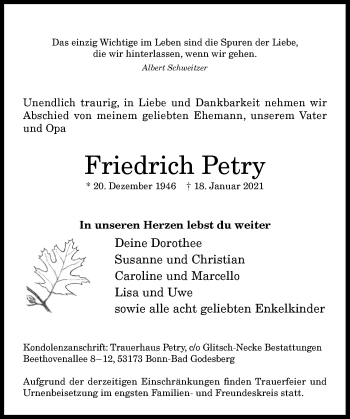 Anzeige von Friedrich Petry von General-Anzeiger Bonn