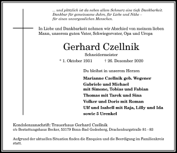 Anzeige von Gerhard Czellnik von General-Anzeiger Bonn