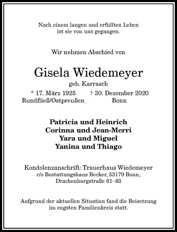 Anzeige von Gisela Wiedemeyer von General-Anzeiger Bonn