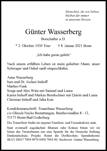 Anzeige von Günter Wasserberg von General-Anzeiger Bonn