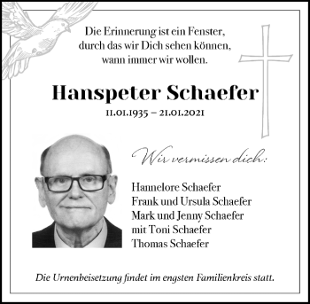 Anzeige von Hanspeter Schaefer von General-Anzeiger Bonn