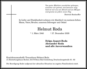 Anzeige von Helmut Roda von General-Anzeiger Bonn
