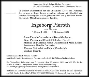 Anzeige von Ingeborg Pieroth von General-Anzeiger Bonn