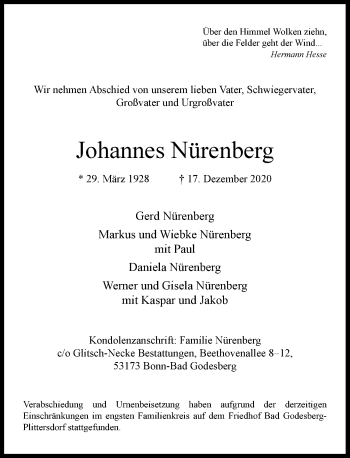 Anzeige von Johannes Nürenberg von General-Anzeiger Bonn