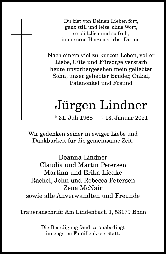  Traueranzeige für Jürgen Lindner vom 23.01.2021 aus General-Anzeiger Bonn