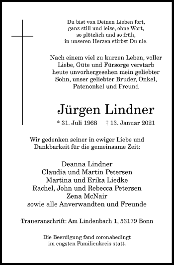 Anzeige von Jürgen Lindner von General-Anzeiger Bonn