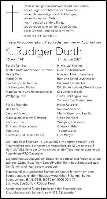 Anzeige von K. Rüdiger Durth von General-Anzeiger Bonn