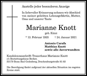 Anzeige von Marianne Knott von General-Anzeiger Bonn