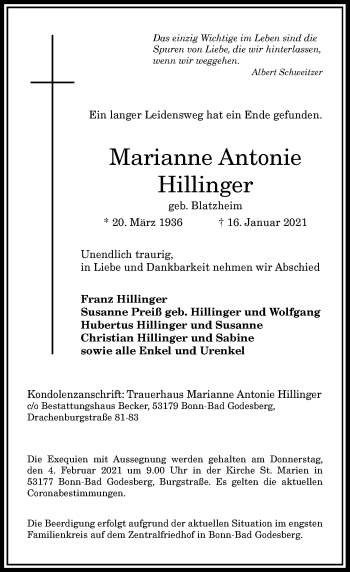 Anzeige von Marianne Antonie Hillinger von General-Anzeiger Bonn