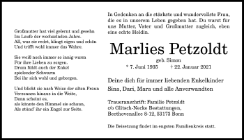 Anzeige von Marlies Petzoldt von General-Anzeiger Bonn