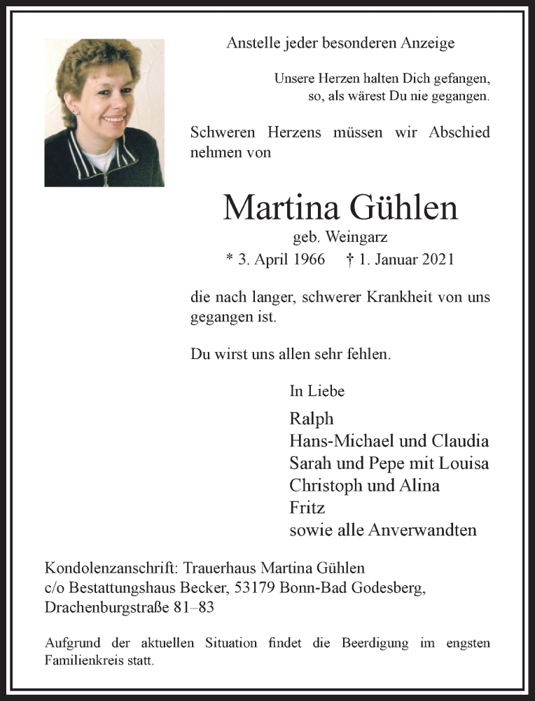  Traueranzeige für Martina Gühlen vom 09.01.2021 aus General-Anzeiger Bonn