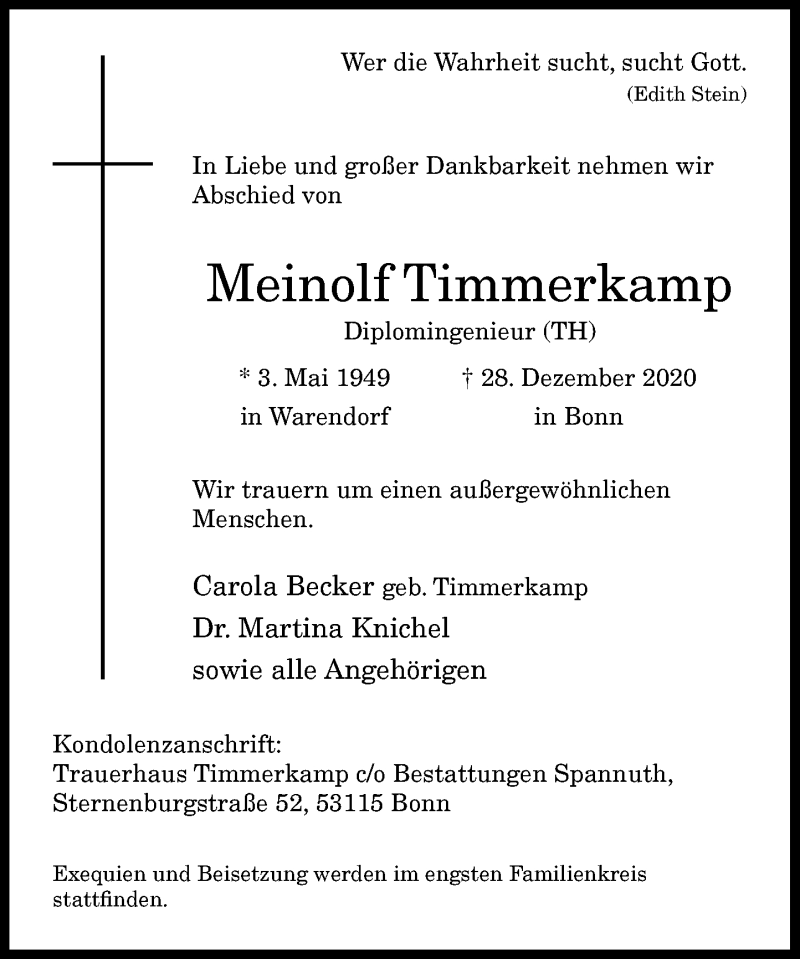  Traueranzeige für Meinolf Timmerkamp vom 09.01.2021 aus General-Anzeiger Bonn