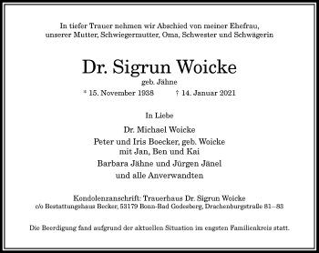 Anzeige von Sigrun Woicke von General-Anzeiger Bonn
