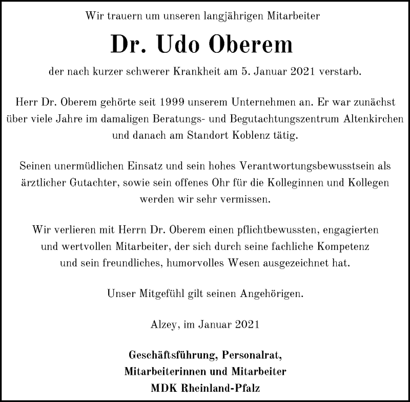  Traueranzeige für Udo Oberem vom 14.01.2021 aus General-Anzeiger Bonn