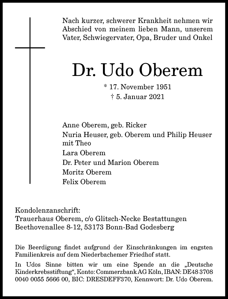  Traueranzeige für Udo Oberem vom 09.01.2021 aus General-Anzeiger Bonn