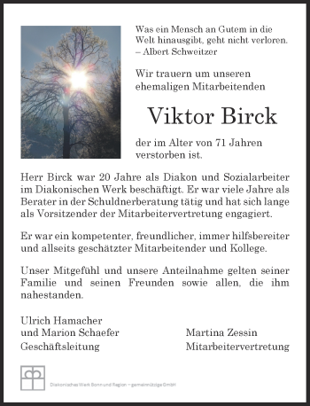 Anzeige von Viktor Birck von General-Anzeiger Bonn