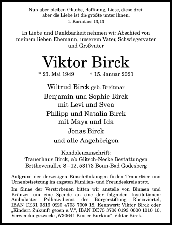 Anzeige von Viktor Birck von General-Anzeiger Bonn