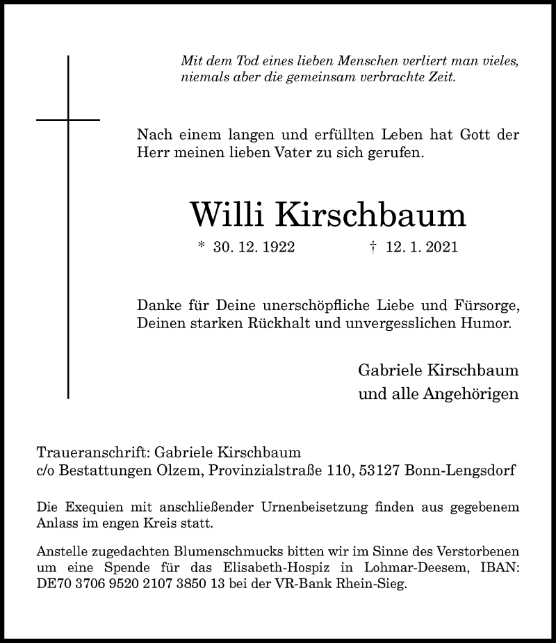  Traueranzeige für Willi Kirschbaum vom 23.01.2021 aus General-Anzeiger Bonn