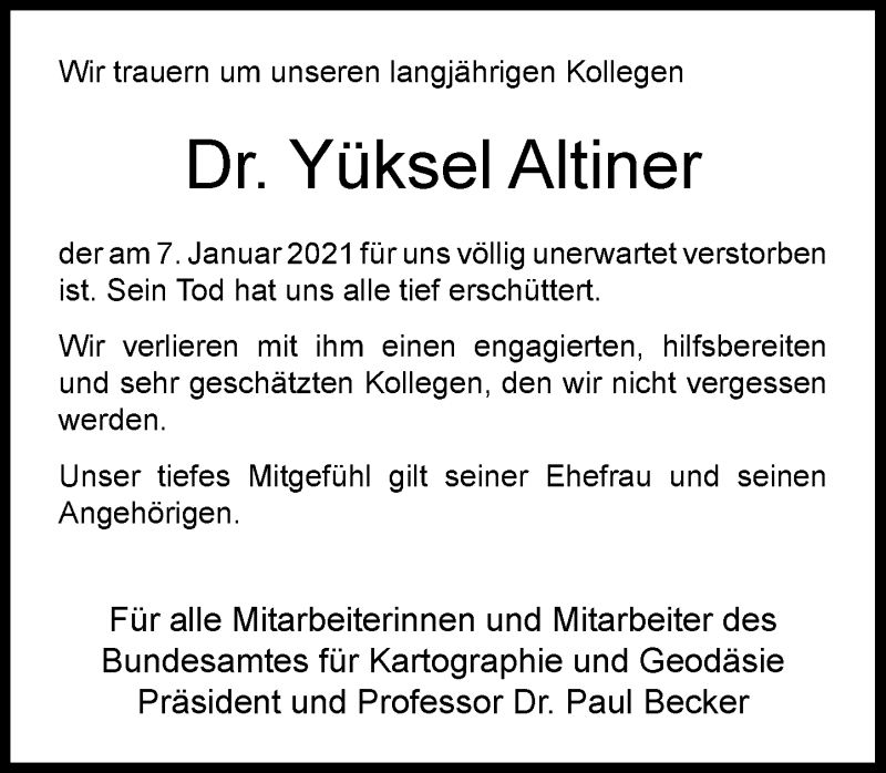  Traueranzeige für Yüksel Altiner vom 11.01.2021 aus General-Anzeiger Bonn